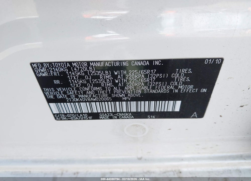 2010 TOYOTA RAV4 LIMITED V6 VIN: 2T3DK4DV8AW020065