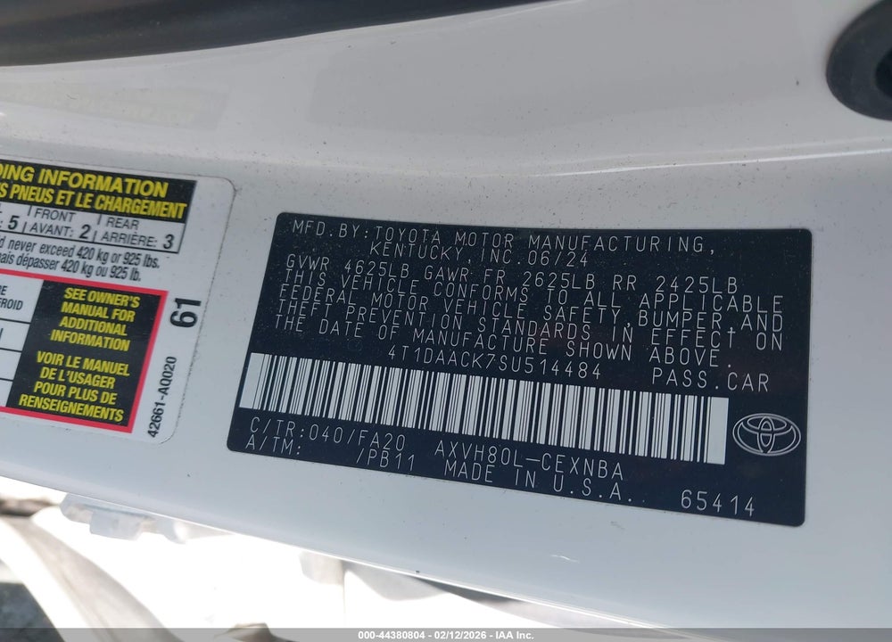 2025 TOYOTA CAMRY LE VIN: 4T1DAACK7SU514484