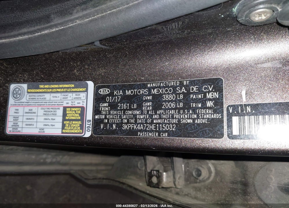 2017 KIA FORTE LX VIN: 3KPFK4A72HE115032