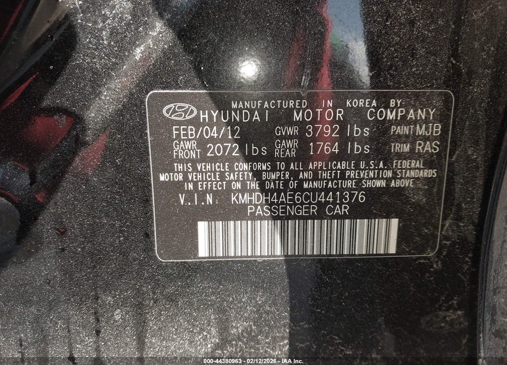 2012 HYUNDAI ELANTRA GLS (ULSAN PLANT) VIN: KMHDH4AE6CU441376
