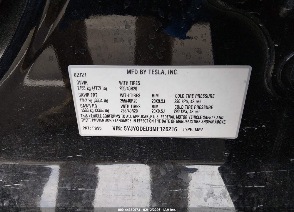 2021 TESLA MODEL Y STANDARD RANGE REAR-WHEEL DRIVE VIN: 5YJYGDED3MF126216