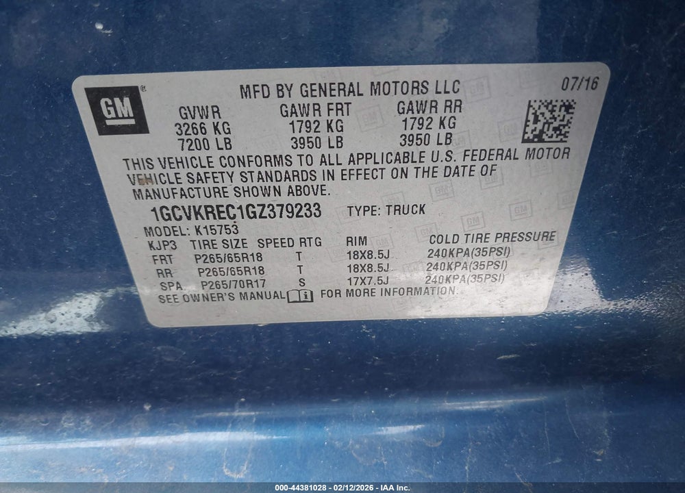 2016 CHEVROLET SILVERADO 1500 1LT VIN: 1GCVKREC1GZ379233