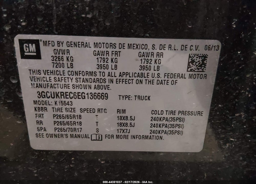 2014 CHEVROLET SILVERADO 1500 1LT VIN: 3GCUKREC6EG136669