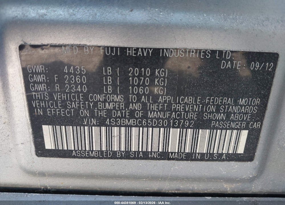 2013 SUBARU LEGACY 2.5I PREMIUM VIN: 4S3BMBC65D3013792