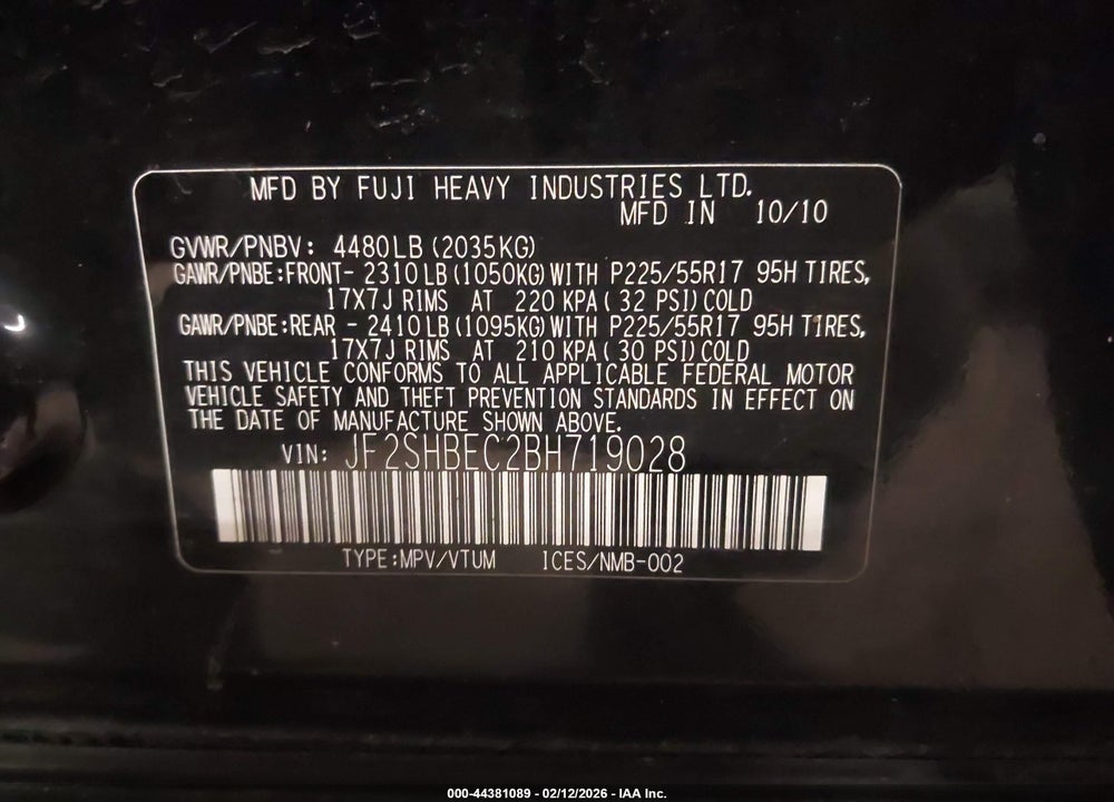 2011 SUBARU FORESTER 2.5X LIMITED VIN: JF2SHBEC2BH719028