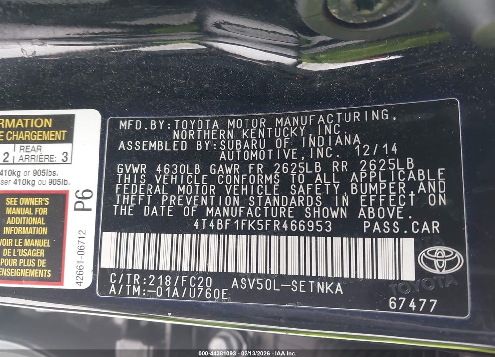 2015 TOYOTA CAMRY LE VIN: 4T4BF1FK5FR466953