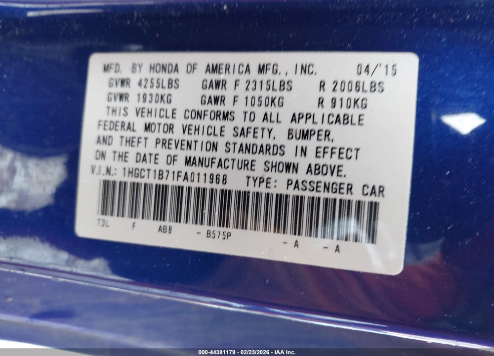 2015 HONDA ACCORD EX VIN: 1HGCT1B71FA011968
