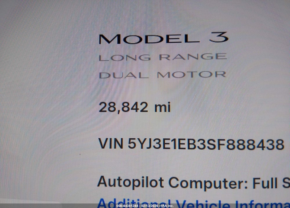 2025 TESLA MODEL 3 LONG RANGE ALL-WHEEL DRIVE VIN: 5YJ3E1EB3SF888438