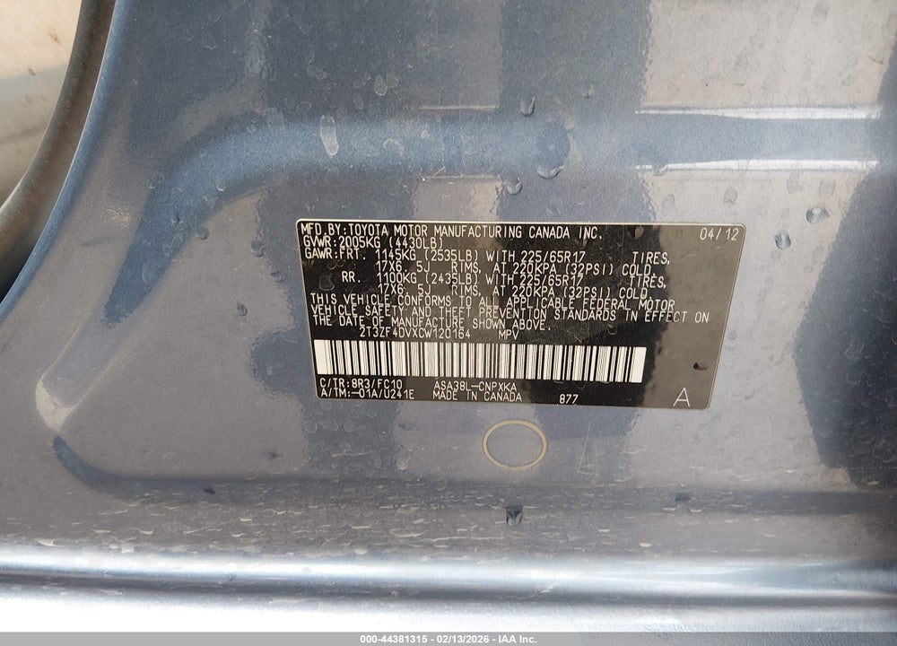 2012 TOYOTA RAV4 VIN: 2T3ZF4DVXCW120164