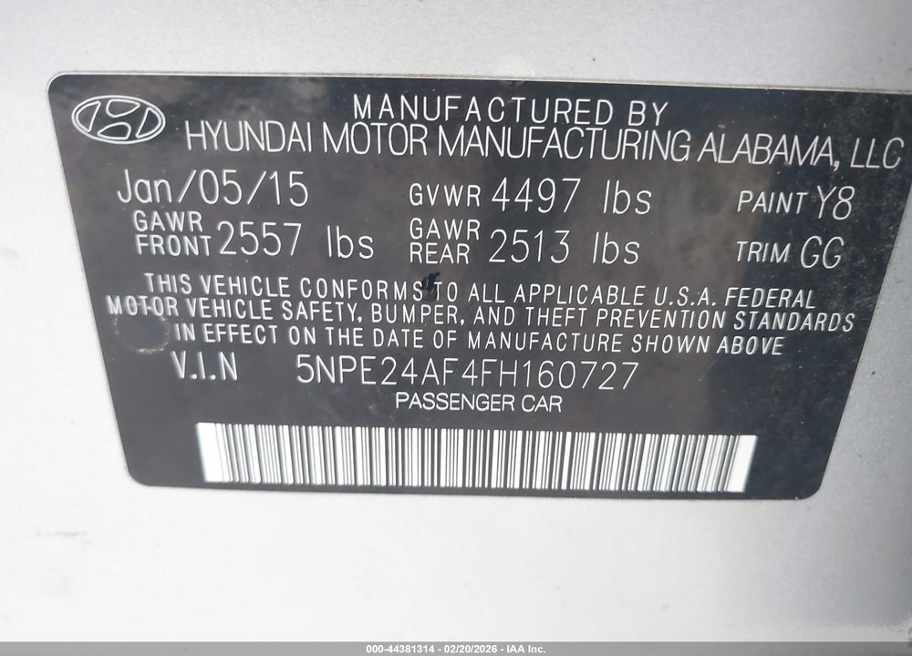2015 HYUNDAI SONATA SE VIN: 5NPE24AF4FH160727