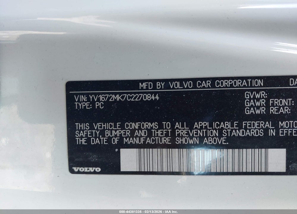 2012 VOLVO C30 T5/T5 PLATINUM/T5 PREMIER PLUS/T5 R-DESIGN/T5 R-DESIGN PLATINUM/T5 R-DESIGN PREMIER PLUS VIN: YV1672MK7C2270844