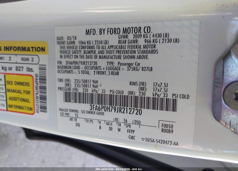 2018 FORD FUSION SE VIN: 3FA6P0H79JR212720