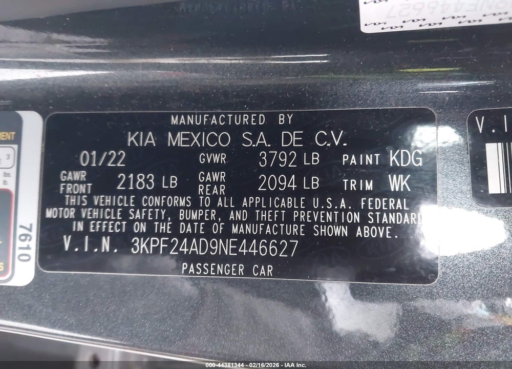 2022 KIA FORTE LXS VIN: 3KPF24AD9NE446627