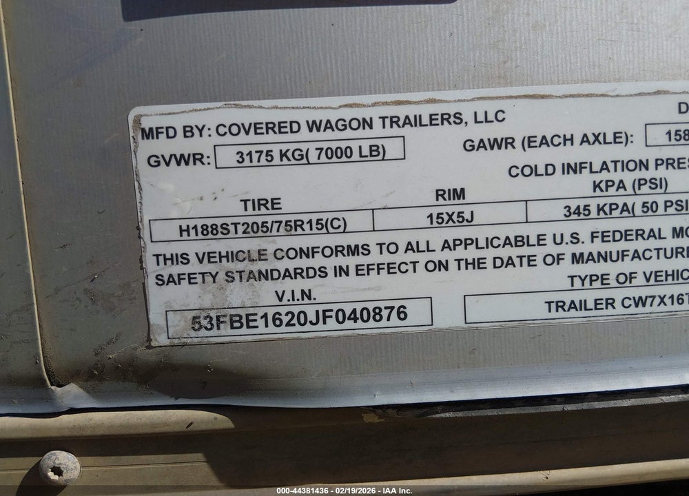 2018 COVERED WAGON OTHER VIN: 53FBE1620JF040876