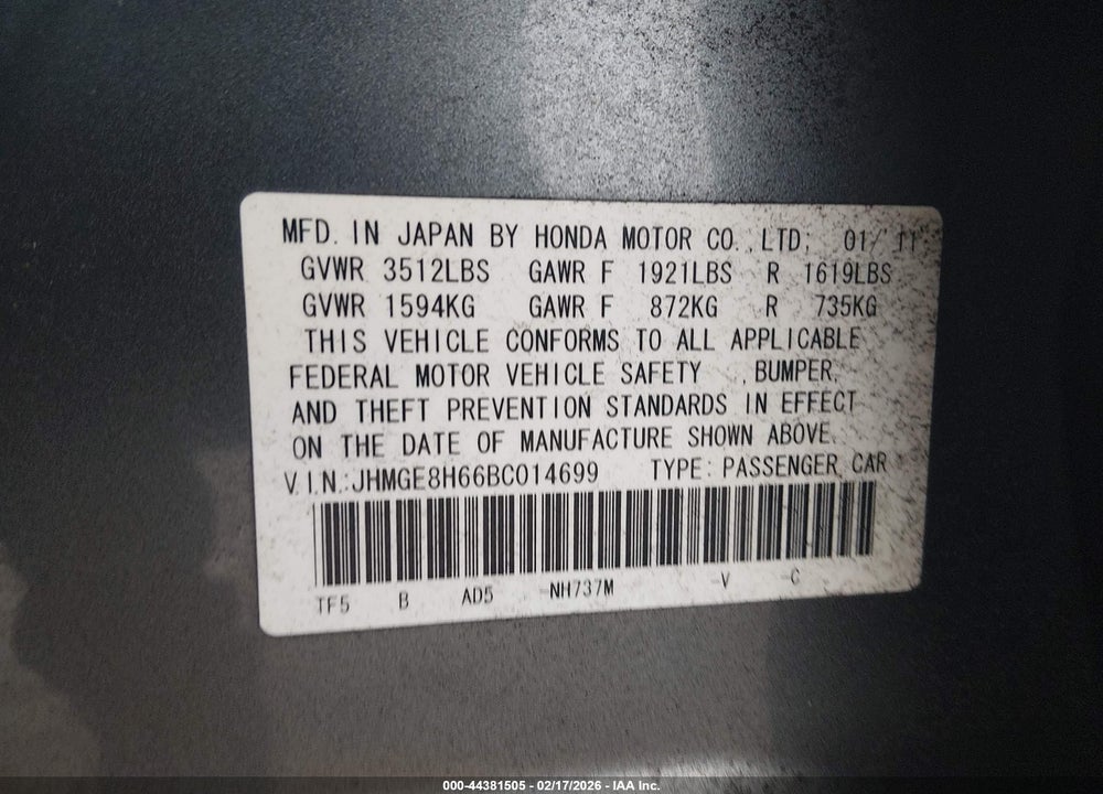 2011 HONDA FIT SPORT VIN: JHMGE8H66BC014699