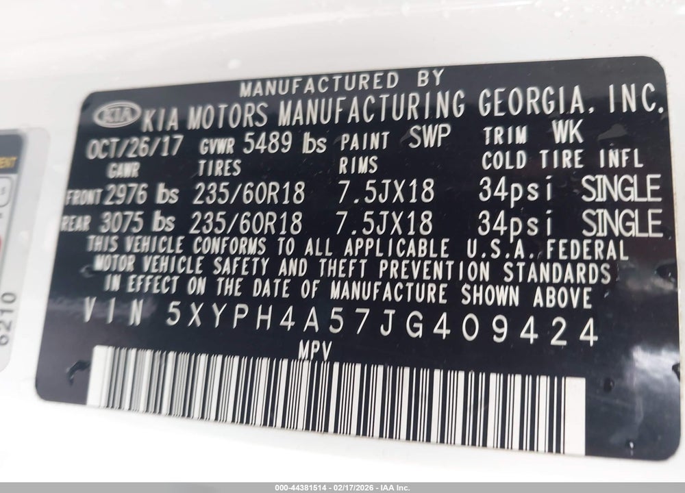 2018 KIA SORENTO 3.3L EX VIN: 5XYPH4A57JG409424