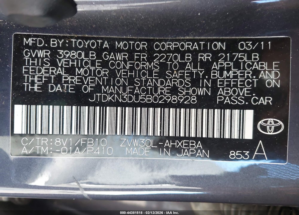 2011 TOYOTA PRIUS THREE VIN: JTDKN3DU5B0298928