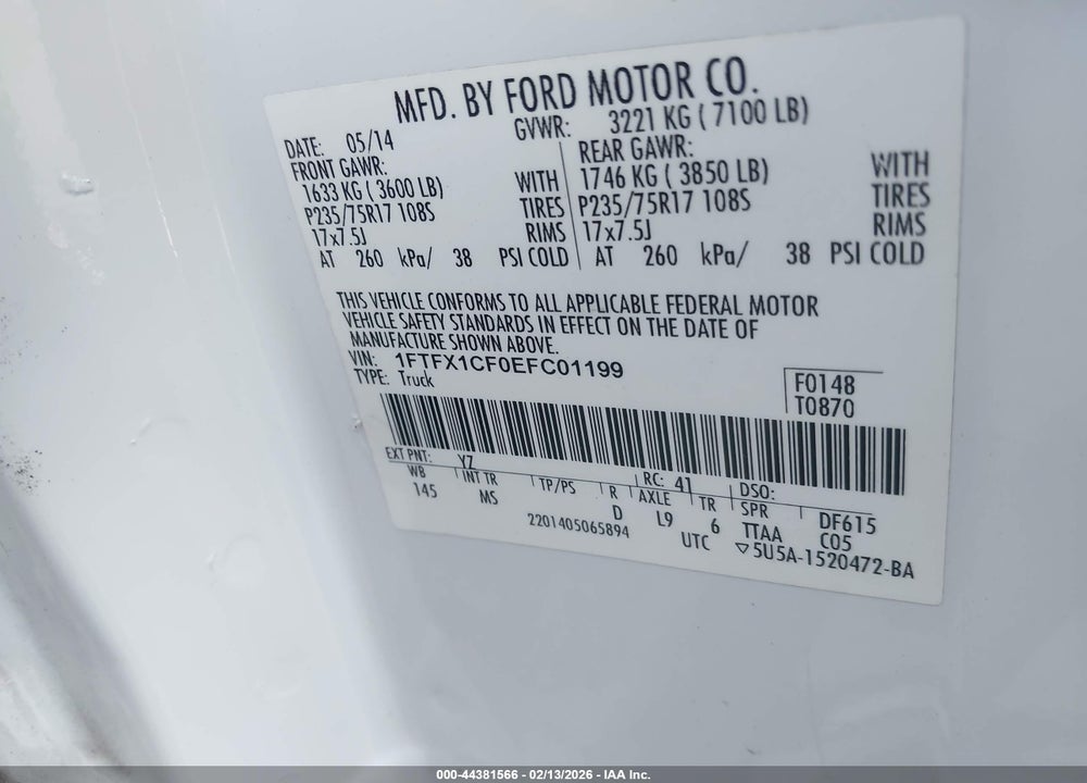 2014 FORD F-150 XLT VIN: 1FTFX1CF0EFC01199