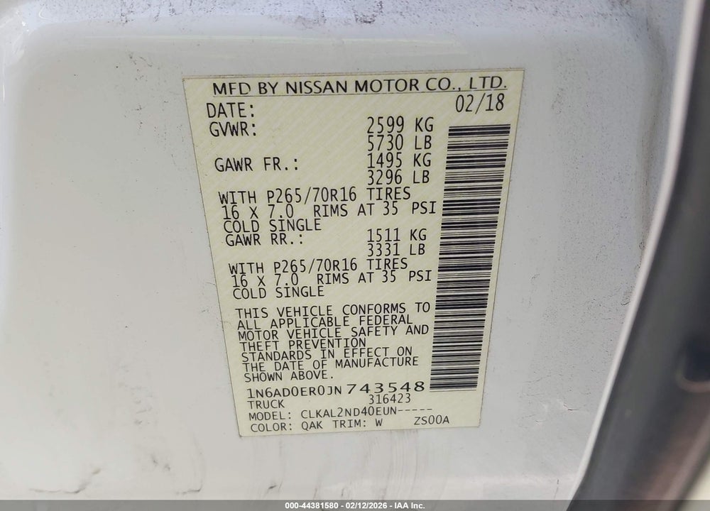 2018 NISSAN FRONTIER SV VIN: 1N6AD0ER0JN743548