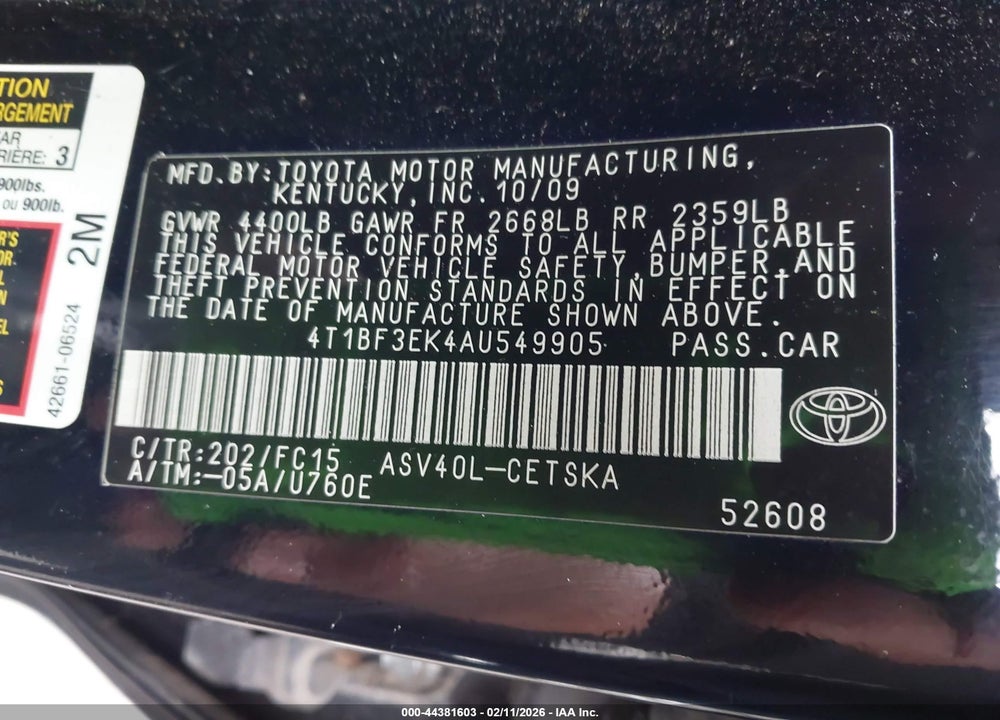 2010 TOYOTA CAMRY SE VIN: 4T1BF3EK4AU549905
