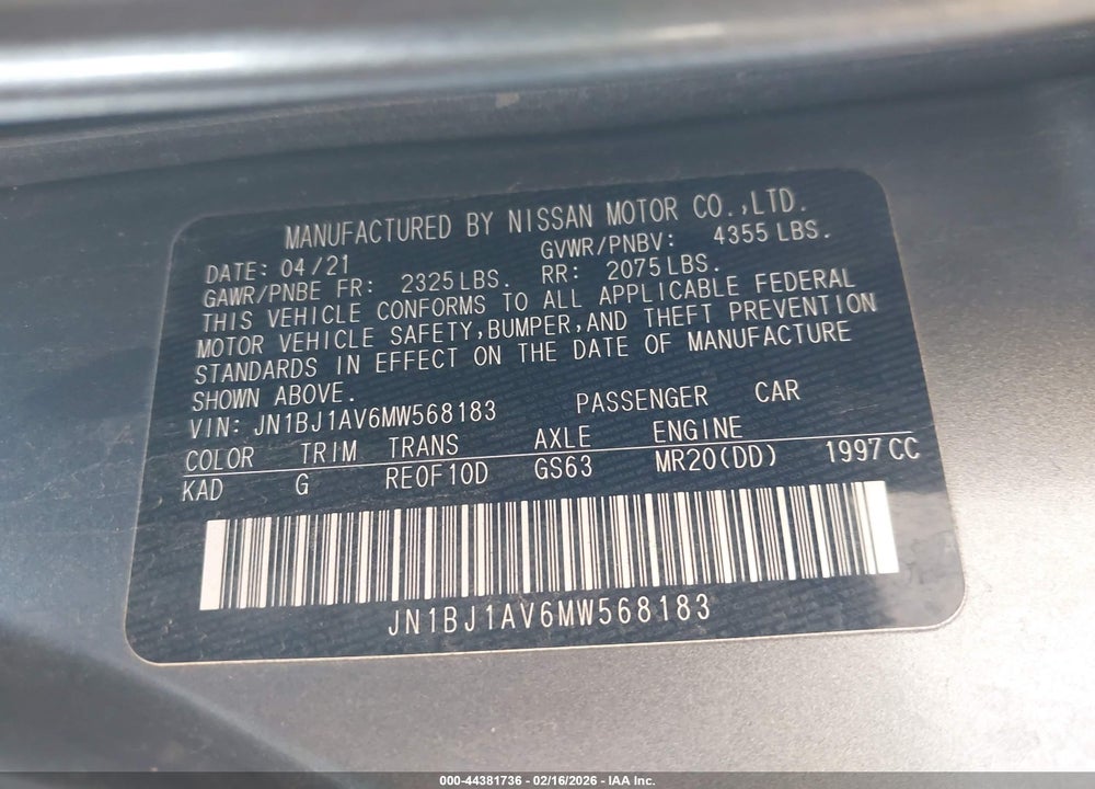 2021 NISSAN ROGUE SPORT S FWD XTRONIC CVT VIN: JN1BJ1AV6MW568183