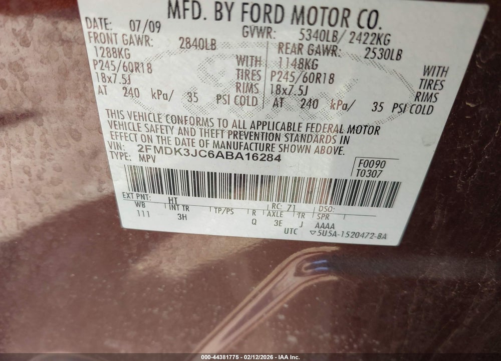 2010 FORD EDGE SEL VIN: 2FMDK3JC6ABA16284