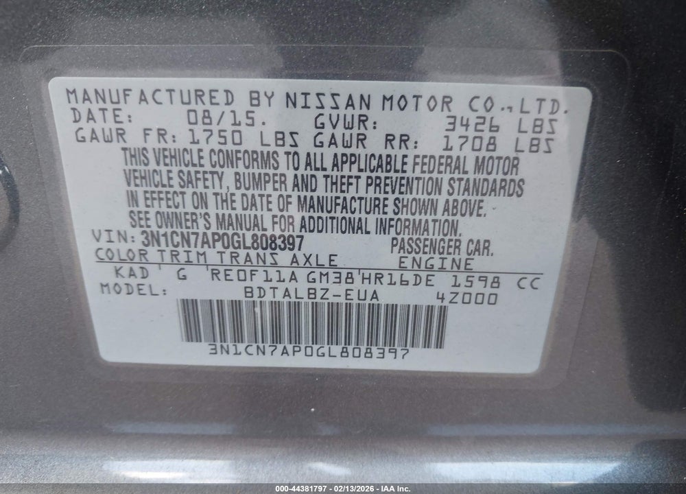 2016 NISSAN VERSA VIN: 3N1CN7AP0GL808397