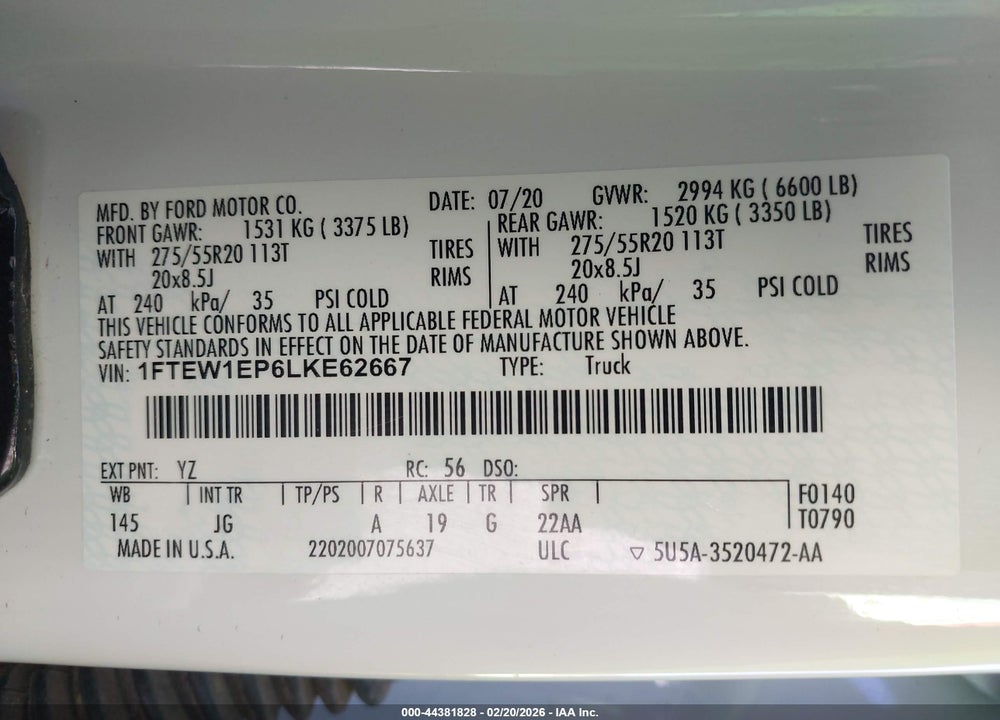 2020 FORD F-150 XL VIN: 1FTEW1EP6LKE62667