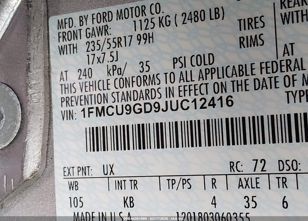 2018 FORD ESCAPE SE VIN: 1FMCU9GD9JUC12416