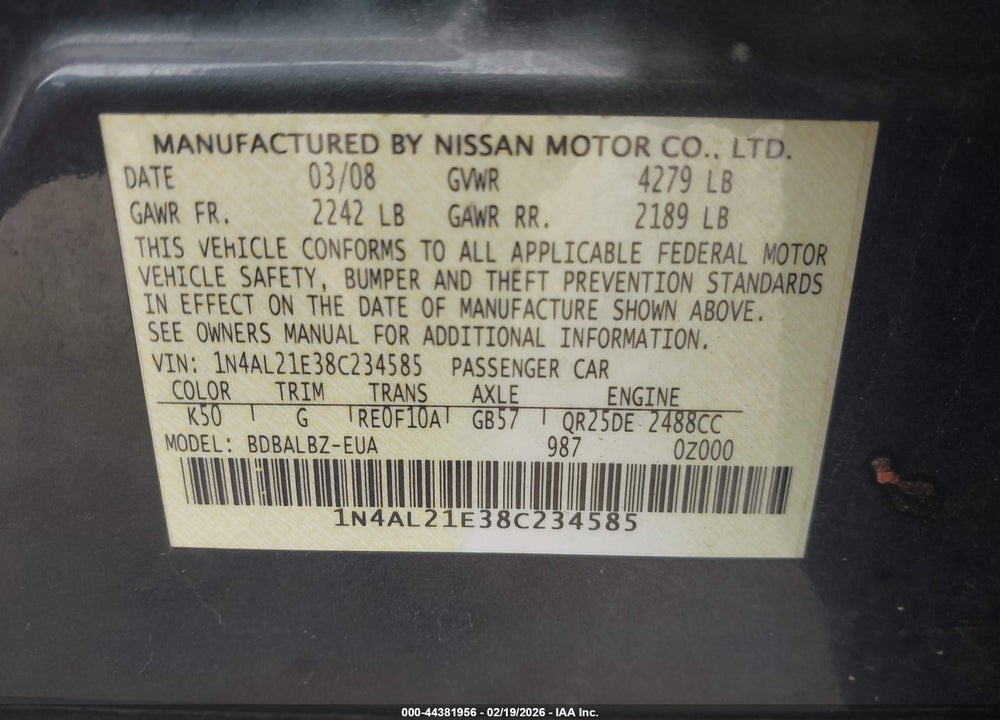 2008 NISSAN ALTIMA 2.5 S VIN: 1N4AL21E38C234585