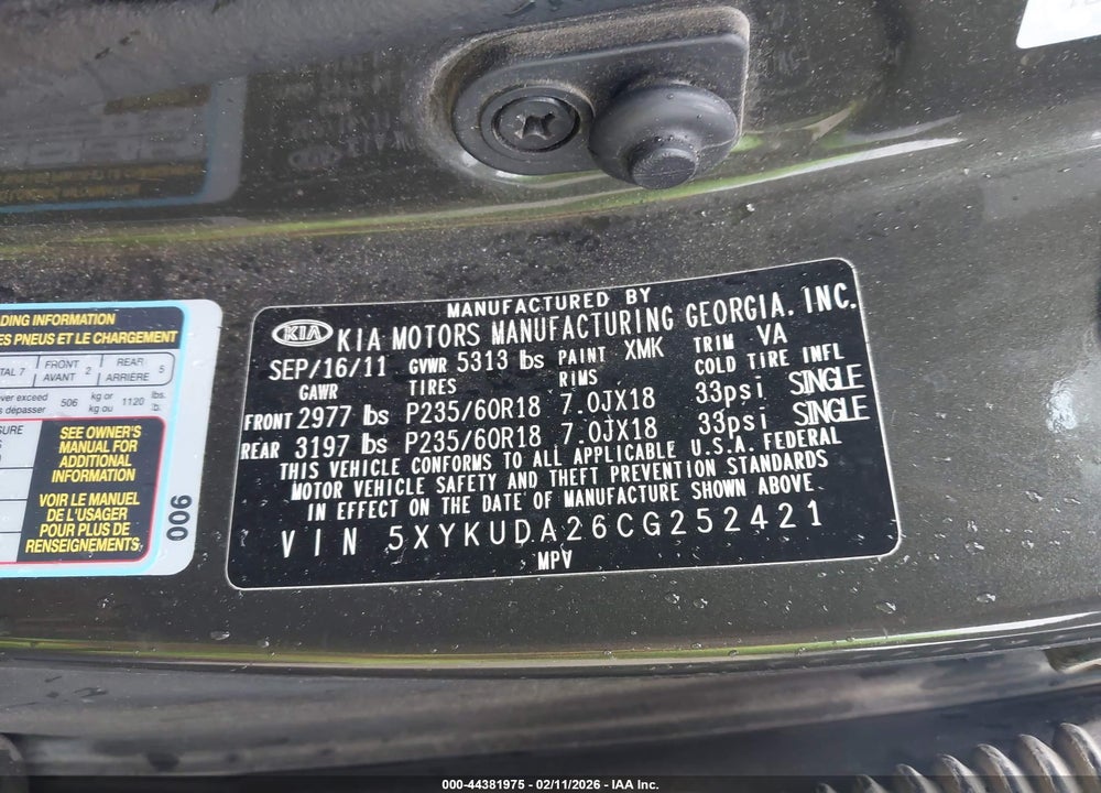 2012 KIA SORENTO EX V6 VIN: 5XYKUDA26CG252421