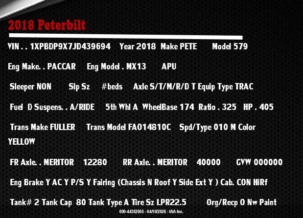 2018 PETERBILT 579 VIN: 1XPBDP9X7JD439694