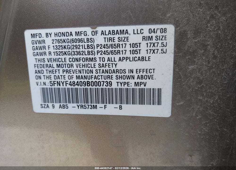2009 HONDA PILOT EX VIN: 5FNYF48409B000739