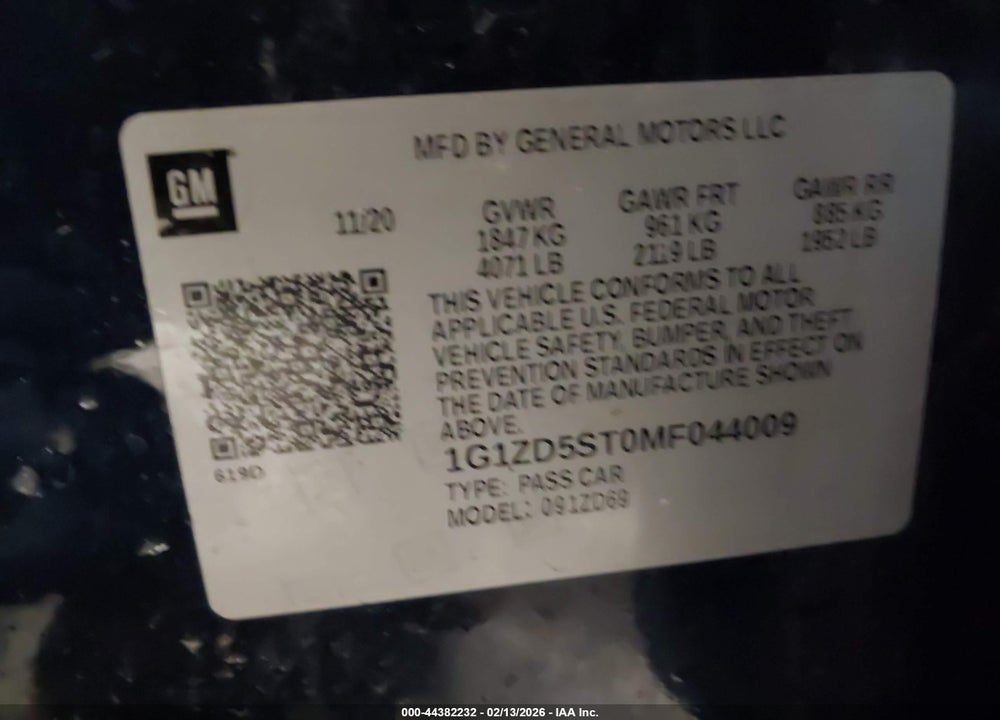 2021 CHEVROLET MALIBU FWD LT VIN: 1G1ZD5ST0MF044009