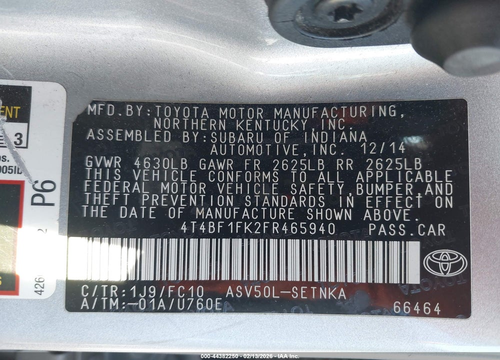 2015 TOYOTA CAMRY LE VIN: 4T4BF1FK2FR465940