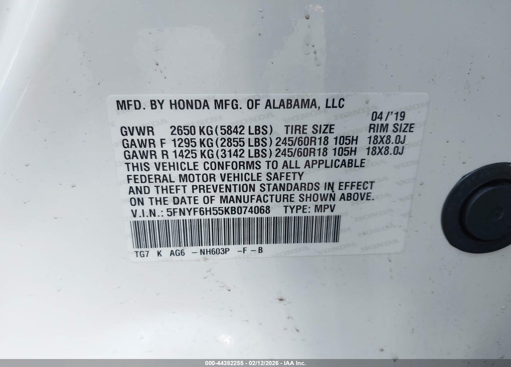 2019 HONDA PILOT EX-L VIN: 5FNYF6H55KB074068
