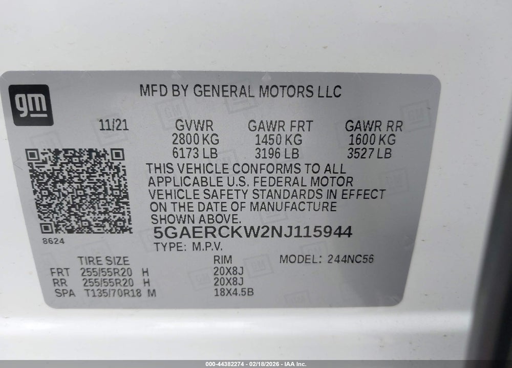 2022 BUICK ENCLAVE FWD PREMIUM VIN: 5GAERCKW2NJ115944