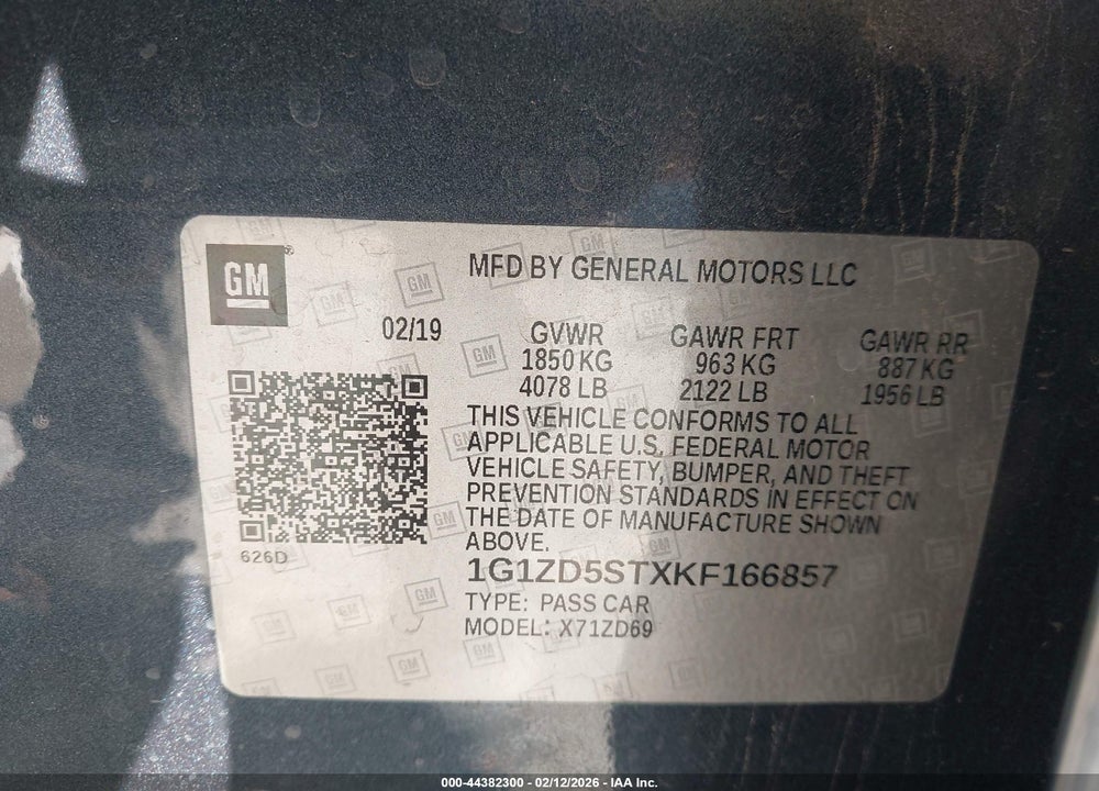2019 CHEVROLET MALIBU LT VIN: 1G1ZD5STXKF166857