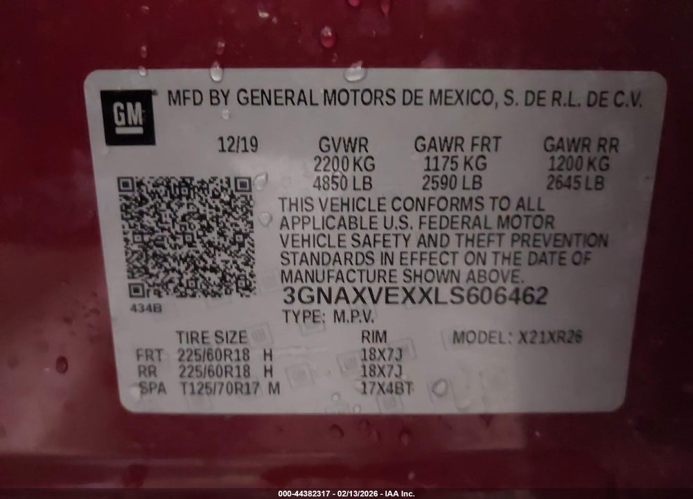 2020 CHEVROLET EQUINOX AWD LT 2.0L TURBO VIN: 3GNAXVEXXLS606462