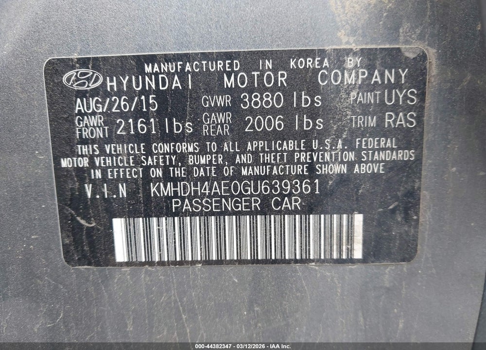 2016 HYUNDAI ELANTRA SE VIN: KMHDH4AE0GU639361