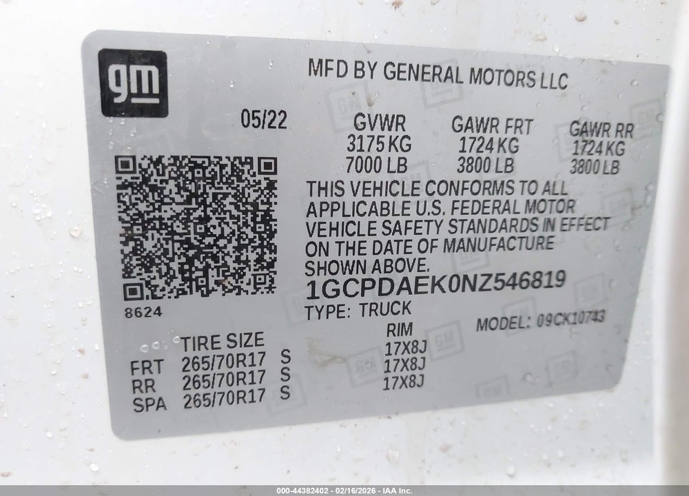 2022 CHEVROLET SILVERADO 1500 4WD  STANDARD BED WT VIN: 1GCPDAEK0NZ546819