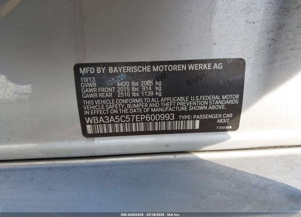 2014 BMW 328I VIN: WBA3A5C57EP600993