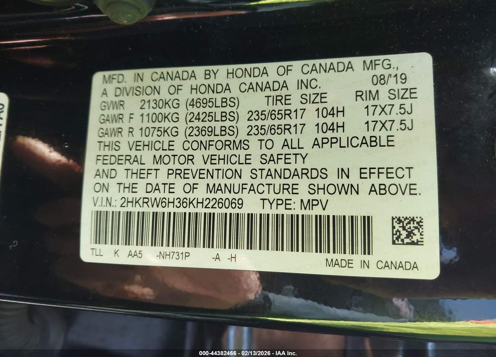 2019 HONDA CR-V LX VIN: 2HKRW6H36KH226069