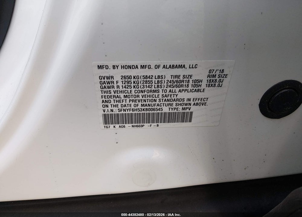 2019 HONDA PILOT EX-L VIN: 5FNYF6H53KB006545
