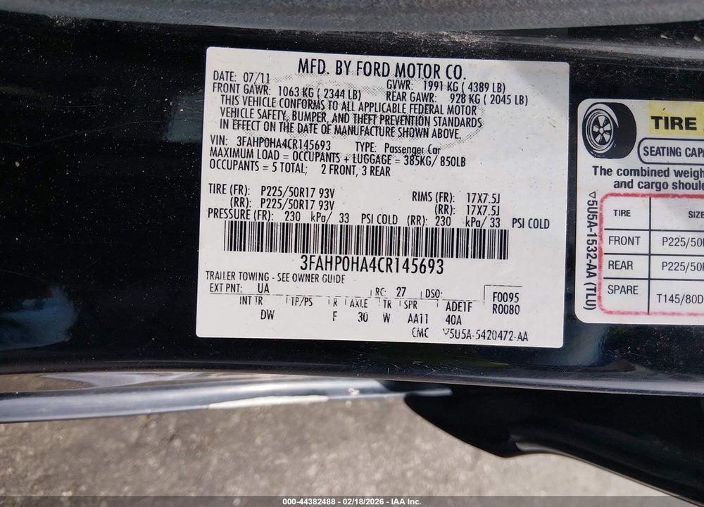 2012 FORD FUSION SE VIN: 3FAHP0HA4CR145693