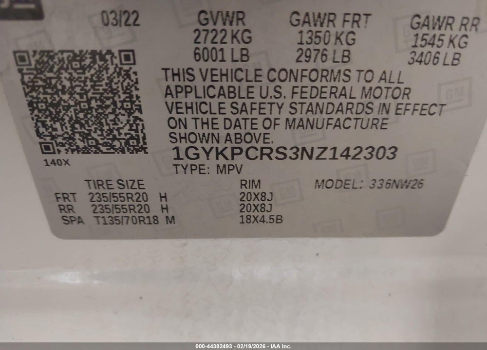 2022 CADILLAC XT6 FWD PREMIUM LUXURY VIN: 1GYKPCRS3NZ142303