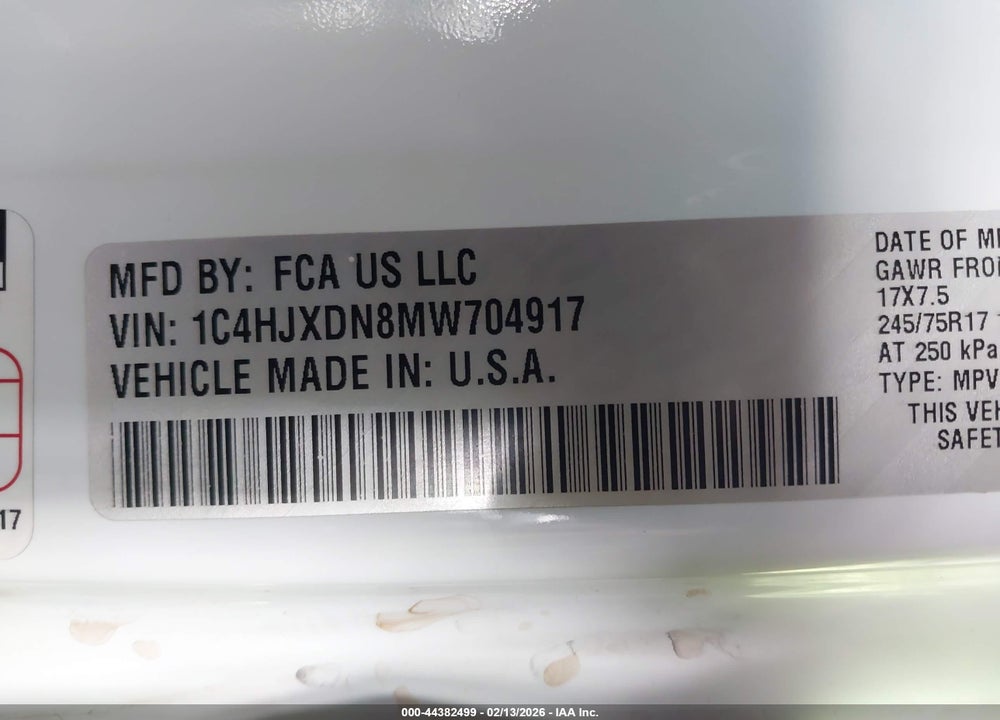 2021 JEEP WRANGLER UNLIMITED SPORT S 4X4 VIN: 1C4HJXDN8MW704917