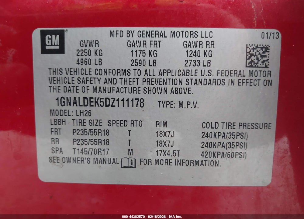 2013 CHEVROLET EQUINOX 1LT VIN: 1GNALDEK5DZ111178