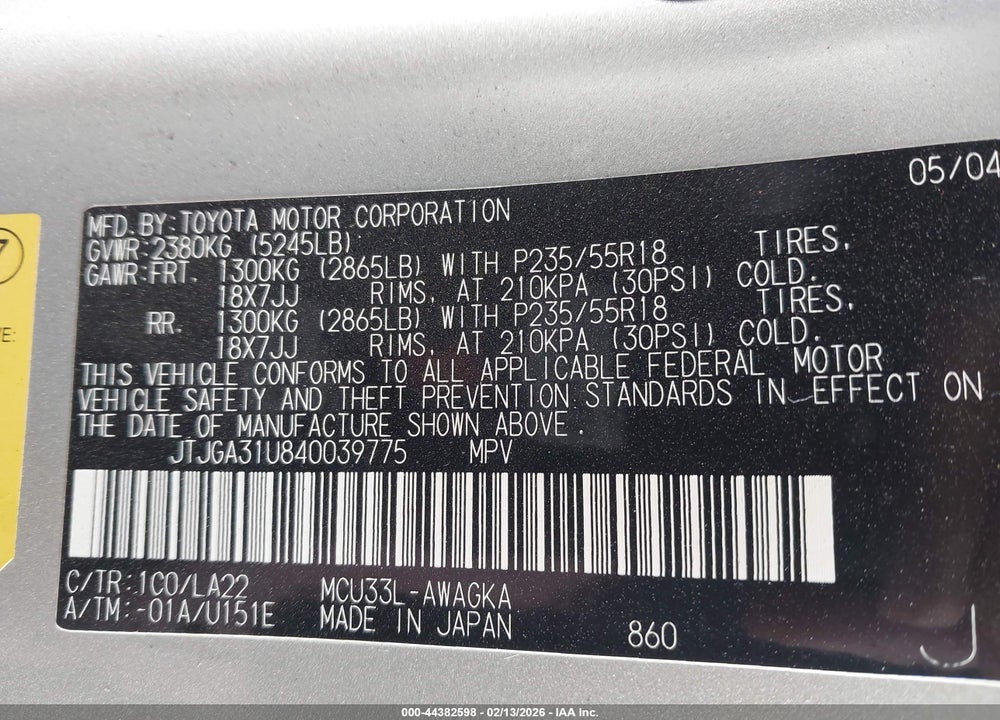 2004 LEXUS RX 330 VIN: JTJGA31U840039775