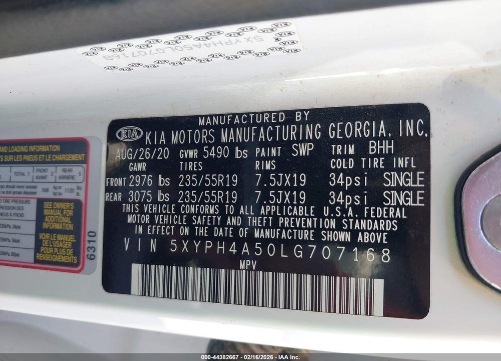 2020 KIA SORENTO 3.3L EX VIN: 5XYPH4A50LG707168